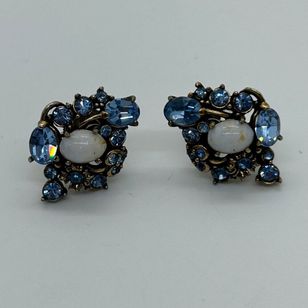 Vintage Hollycraft Screwback Earrings Blue Rhinestone Cluster Faux Opal 1951